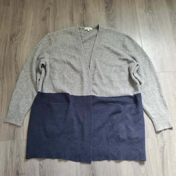 Madewell Cardigan Large Coziest Yarn Colorblock Gray Navy Long Open Office - Picture 1 of 8